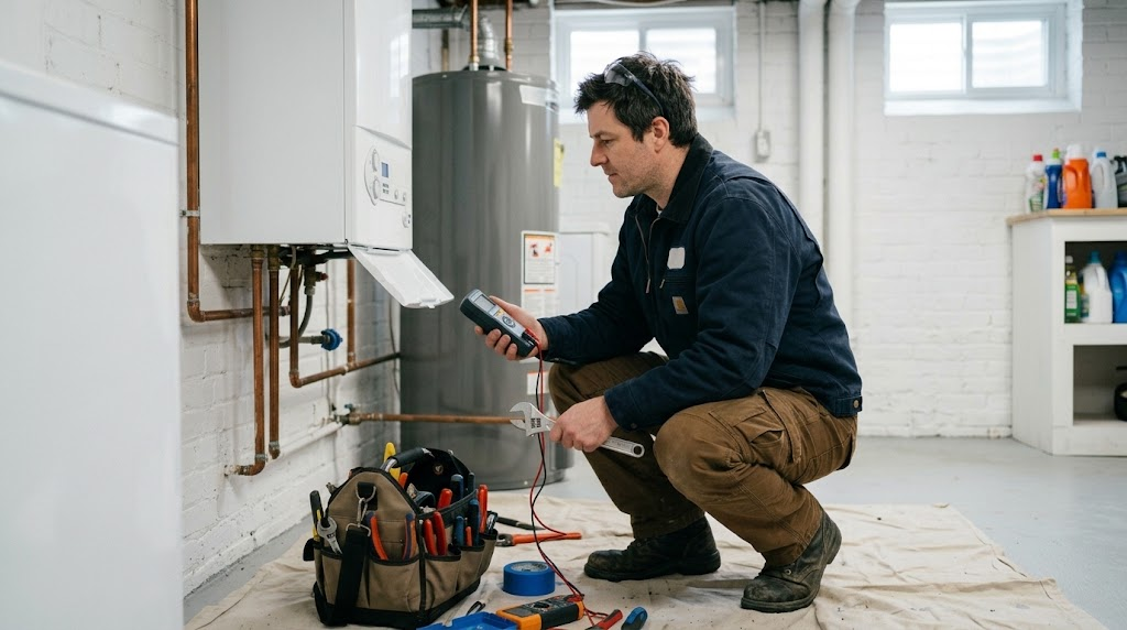 Heating technician testing pressure gauges and burner controls on a residential boiler in Rossville Staten Island